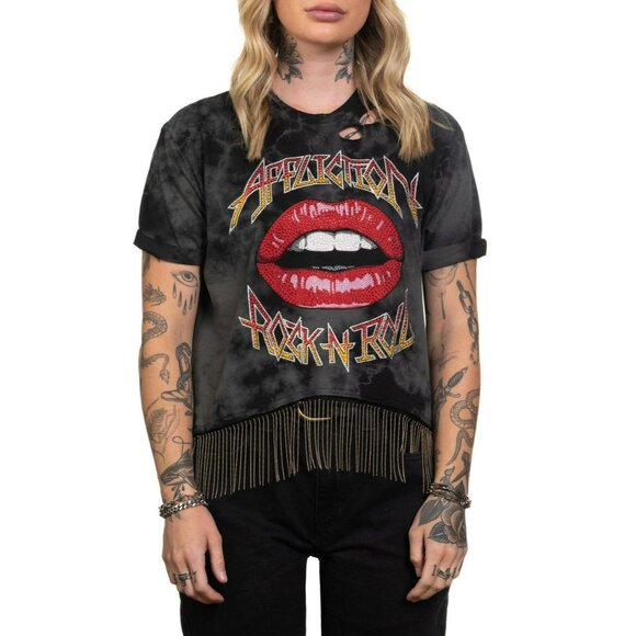 New Affliction Lips Rock N Roll Jeweled Beaded Fringe Size S/M - Picture 1 of 9